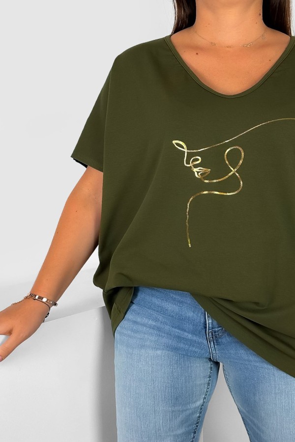 Bluzka damska T-shirt plus size w kolorze khaki złoty nadruk line art face Eda 1