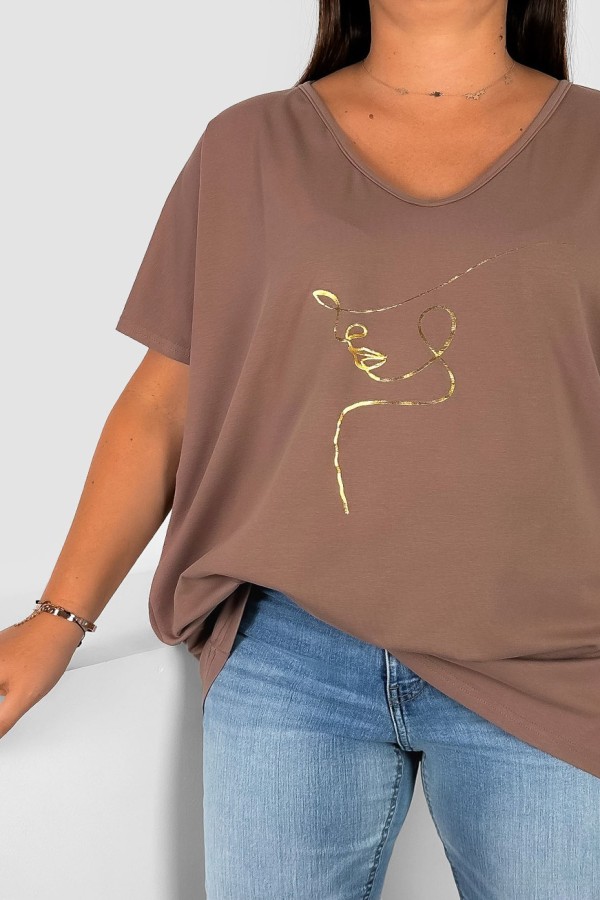 Bluzka damska T-shirt plus size w kolorze jasnobrązowym złoty nadruk line art face Eda 1