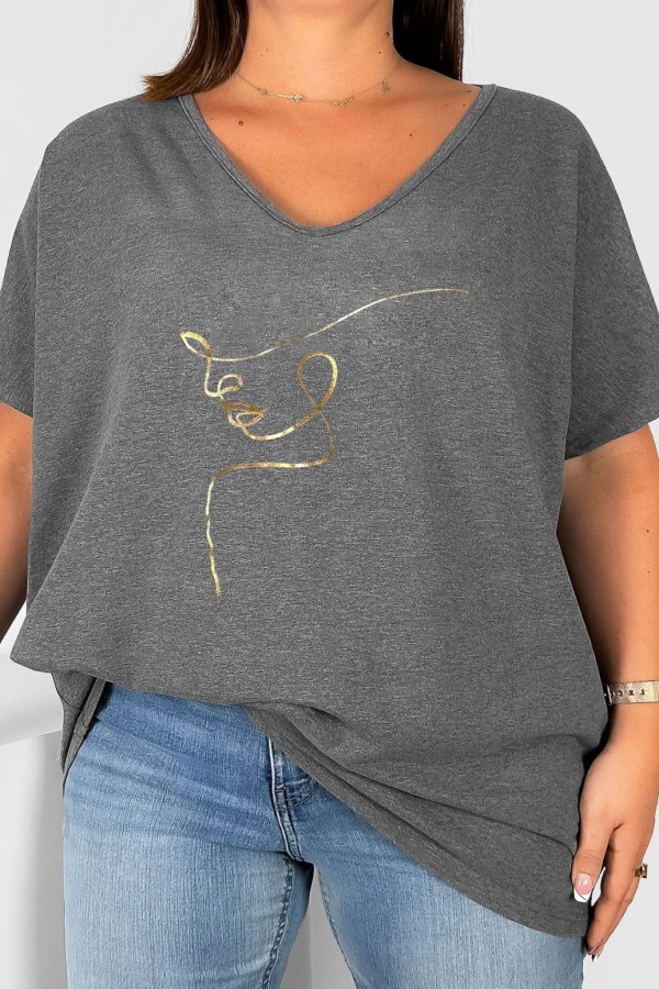 Bluzka damska T-shirt plus size w kolorze grafitowy melanż złoty nadruk line art face Eda 2