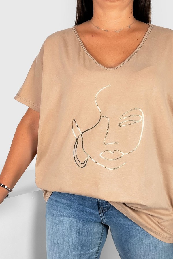 Bluzka damska T-shirt plus size w kolorze beżowym złoty nadruk twarz kobiety 1