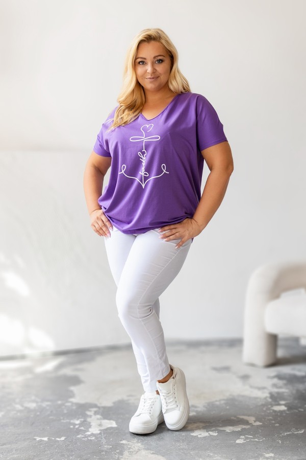 Bluzka damska T-shirt plus size w kolorze jagodowym nadruk kotwica faith 1