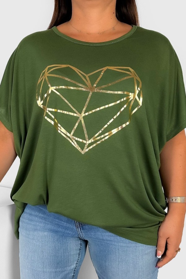 Nietoperz T-shirt damski plus size w kolorze oliwkowym geometryczne serce