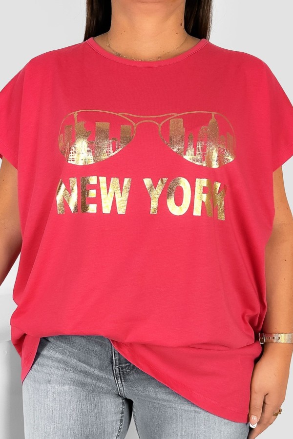 Nietoperz T-shirt damski plus size w kolorze malinowym złoty print okulary New York 2