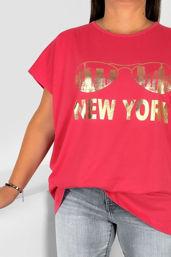 Nietoperz T-shirt damski plus size w kolorze malinowym złoty print okulary New York 1