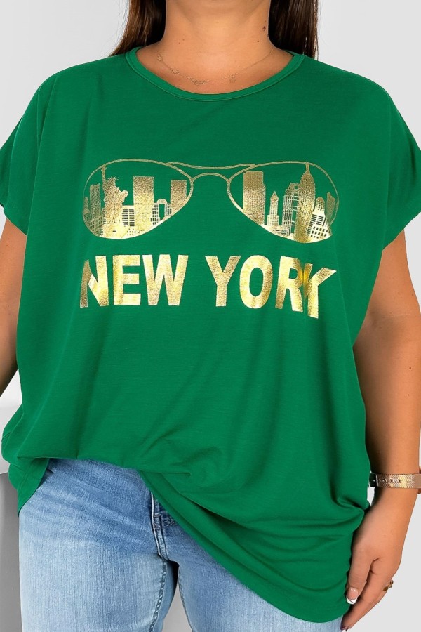 Nietoperz T-shirt damski plus size w kolorze zielonym złoty print okulary New York