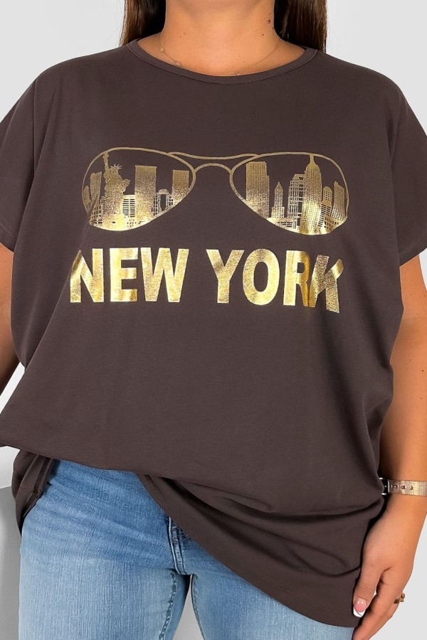 Nietoperz T-shirt damski plus size w kolorze brązowym złoty print okulary New York 2