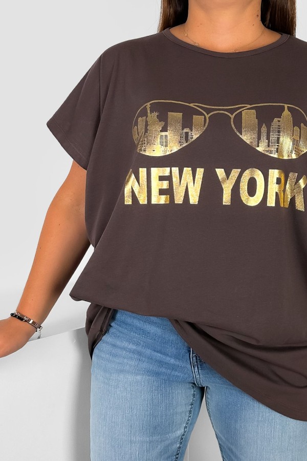 Nietoperz T-shirt damski plus size w kolorze brązowym złoty print okulary New York 1