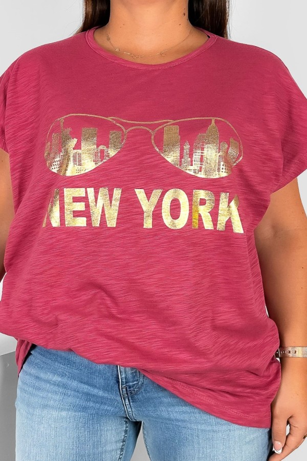 Nietoperz T-shirt damski plus size w kolorze truskawkowym złoty print okulary New York 2