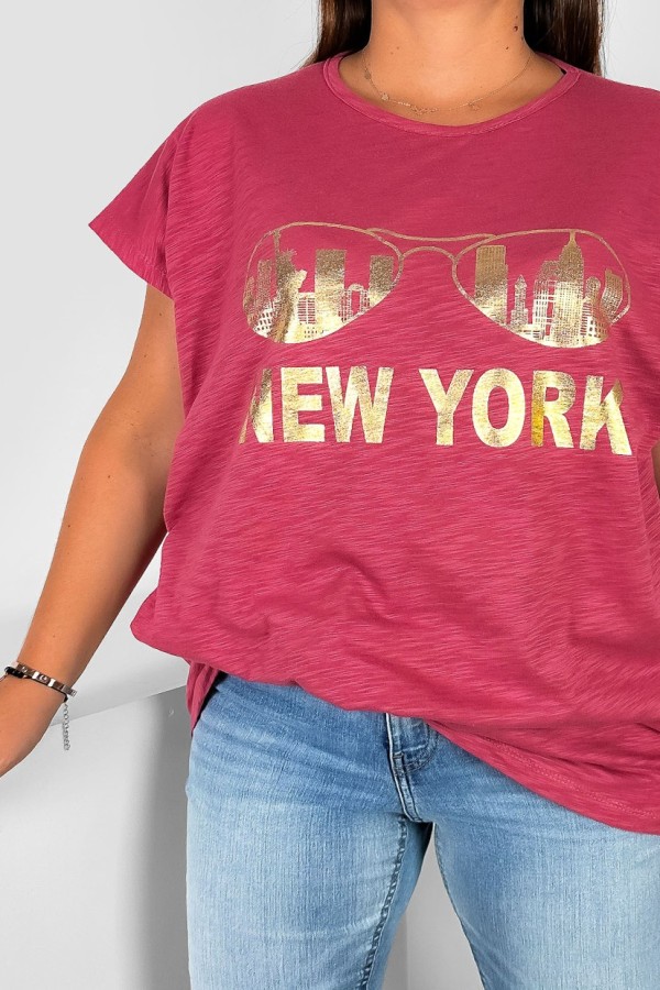 Nietoperz T-shirt damski plus size w kolorze truskawkowym złoty print okulary New York 1