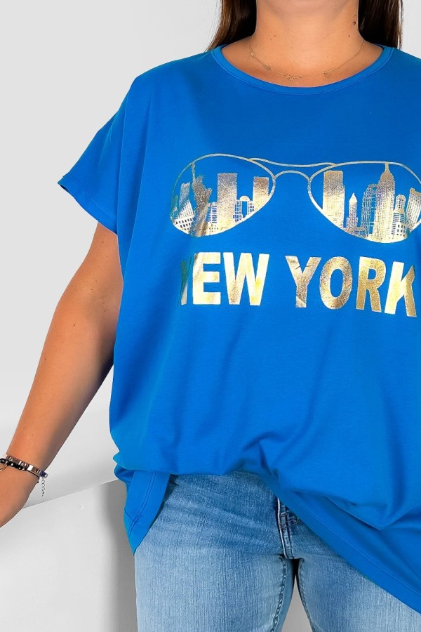 Nietoperz T-shirt damski plus size w kolorze lazurowym złoty print okulary New York 1