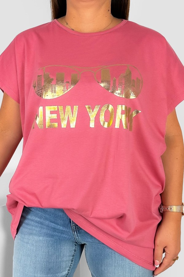 Nietoperz T-shirt damski plus size w kolorze indyjskiego różu złoty print okulary New York 2