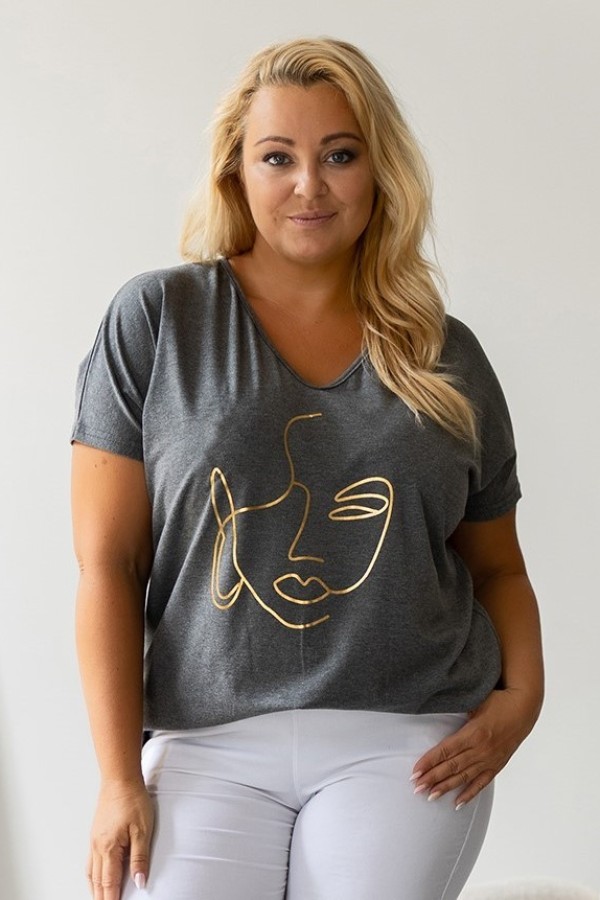 Bluzka damska T-shirt plus size w kolorze grafitowy melanż złoty nadruk twarz kobiety 2