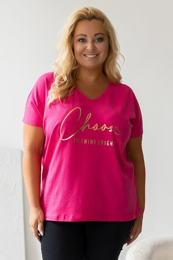 Bluzka damska T-shirt plus size w kolorze fuksji złoty napis Choose to shine bright 1