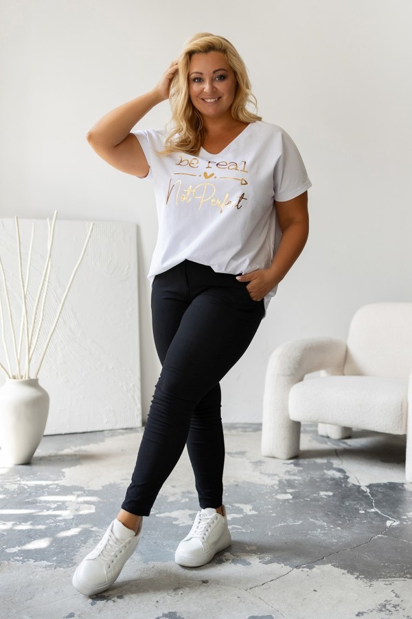 Bluzka damska T-shirt plus size w kolorze białym złoty napis Be real not perfect 1