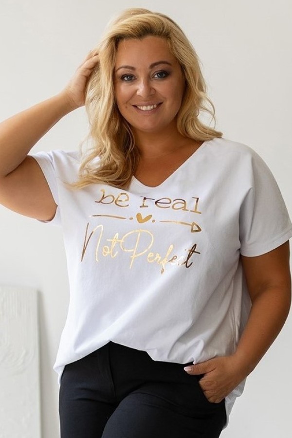 Bluzka damska T-shirt plus size w kolorze białym złoty napis Be real not perfect 2