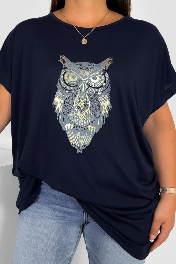 T-shirt damski plus size nietoperz w kolorze dark navy print sowa owl 2