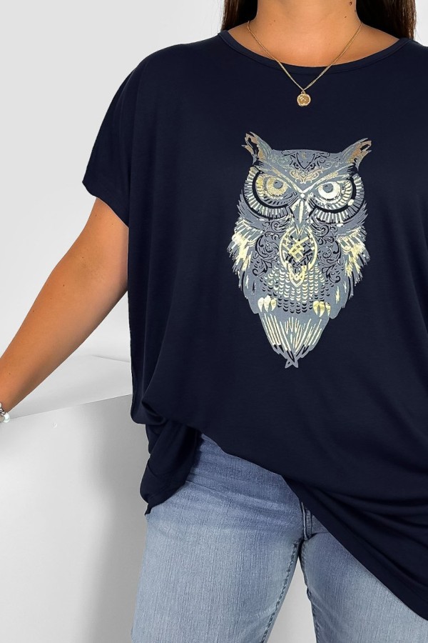 T-shirt damski plus size nietoperz w kolorze dark navy print sowa owl 1