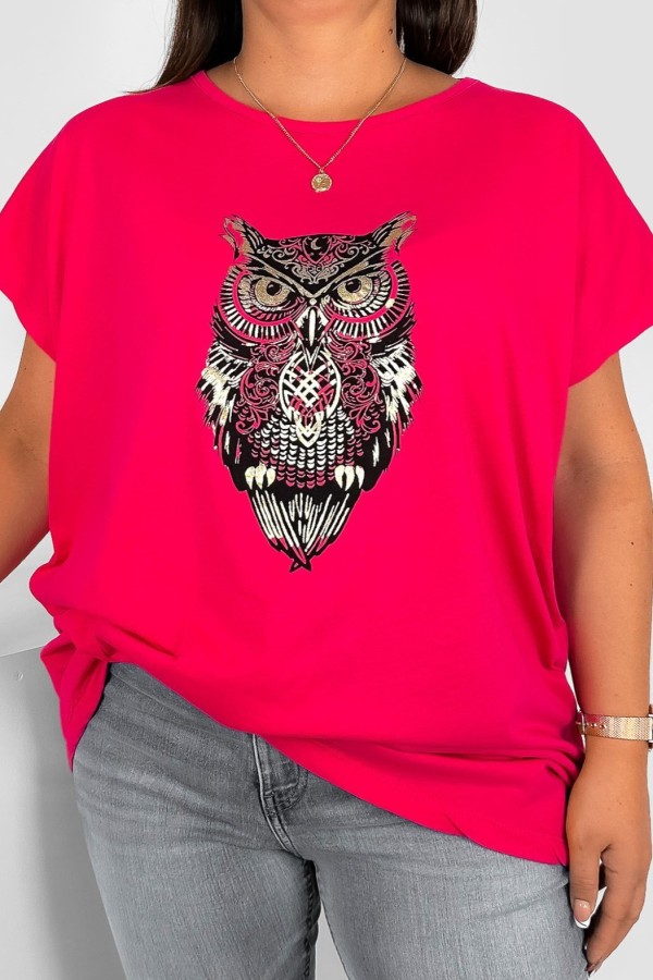 T-shirt damski plus size nietoperz w kolorze malinowym print sowa owl 2