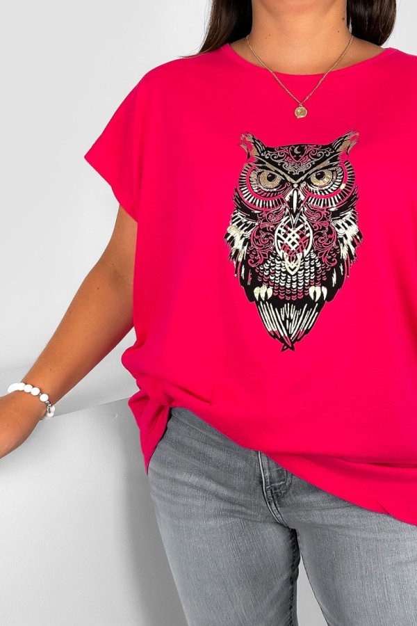 T-shirt damski plus size nietoperz w kolorze malinowym print sowa owl 1