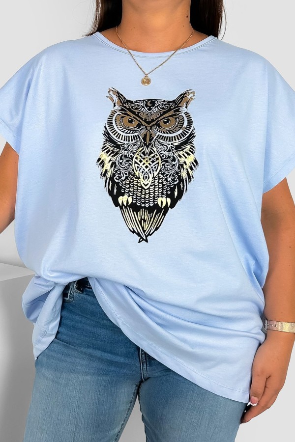 T-shirt damski plus size nietoperz w kolorze błękitnym print sowa owl 1