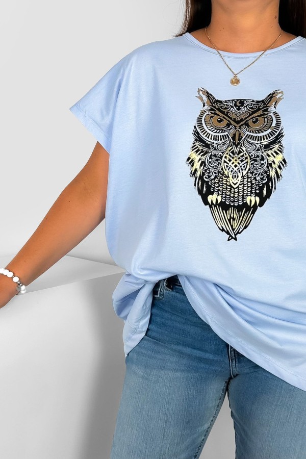 T-shirt damski plus size nietoperz w kolorze błękitnym print sowa owl 2