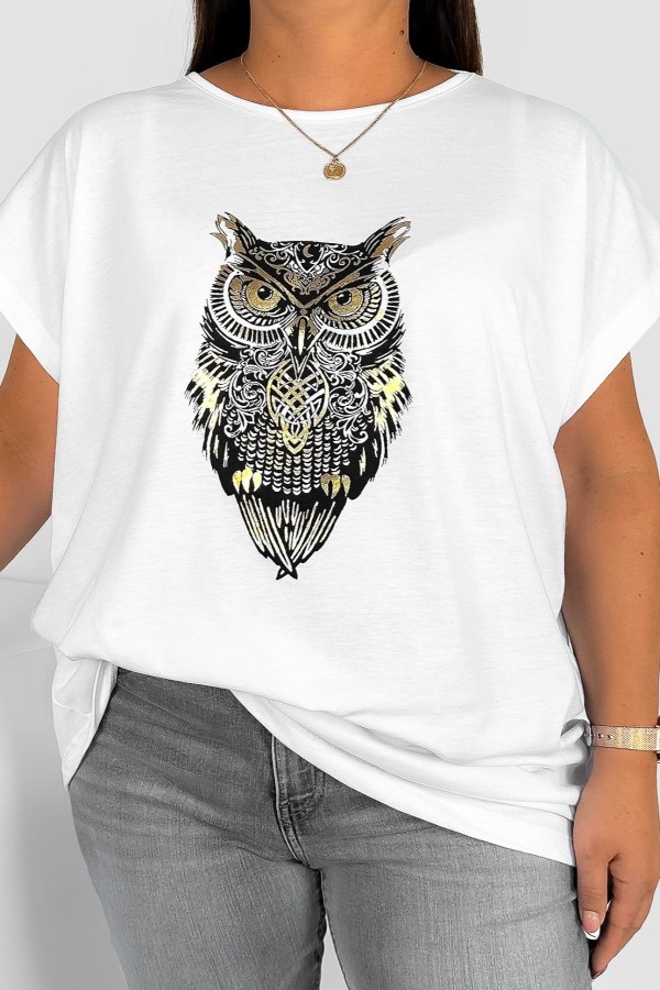 T-shirt damski plus size nietoperz w kolorze białym print sowa owl 2