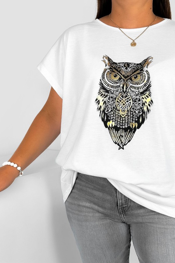 T-shirt damski plus size nietoperz w kolorze białym print sowa owl 1