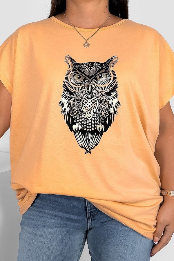 T-shirt damski plus size nietoperz w kolorze morelowym print sowa owl 2