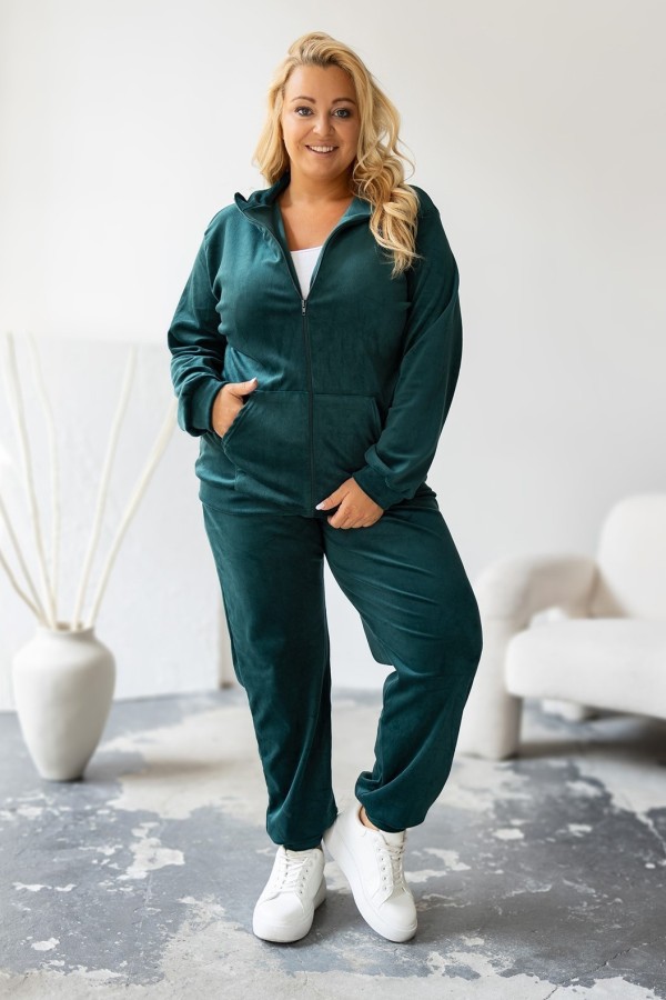 Welurowy dres damski plus size w kolorze morskiej zieleni komplet spodnie i bluza na zamek Bogna 1