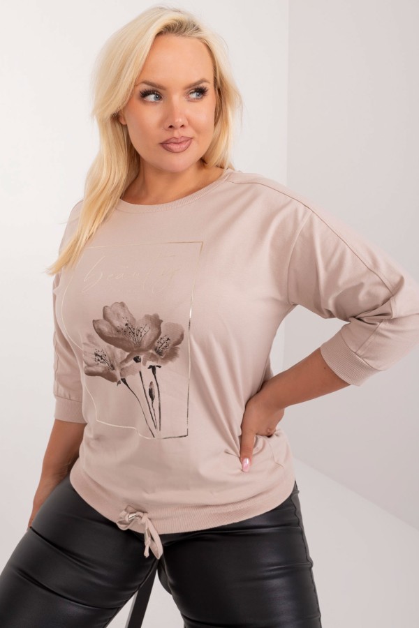 Bluzka damska plus size w kolorze beżowym wiązana print kwiaty Jowita