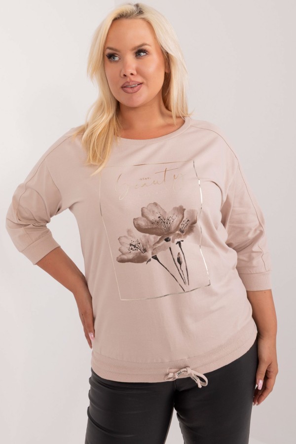 Bluzka damska plus size w kolorze beżowym wiązana print kwiaty Jowita 1