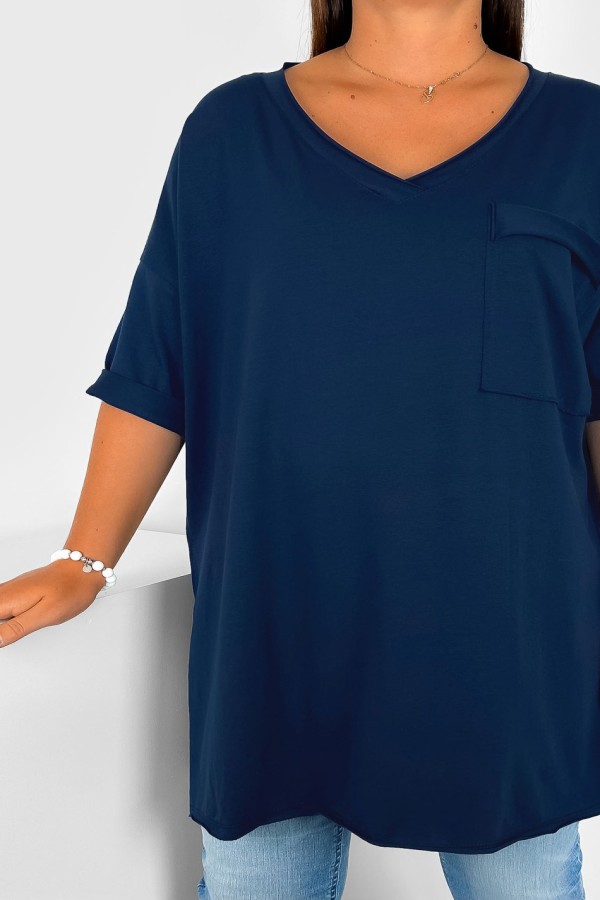 Tunika damska w kolorze granatowym bluzka oversize v-neck kieszeń Polina 2