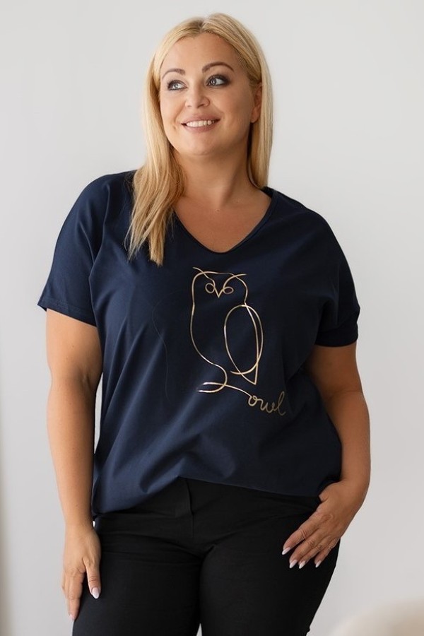 T-shirt damski plus size w kolorze granatowym dekolt w serek V-neck złoty nadruk sowa owl LIZA