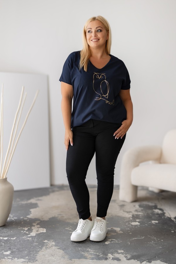 T-shirt damski plus size w kolorze granatowym dekolt w serek V-neck złoty nadruk sowa owl LIZA 1