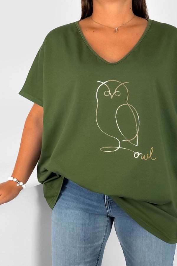 T-shirt damski plus size w kolorze khaki dekolt w serek V-neck złoty nadruk sowa owl LIZA 1