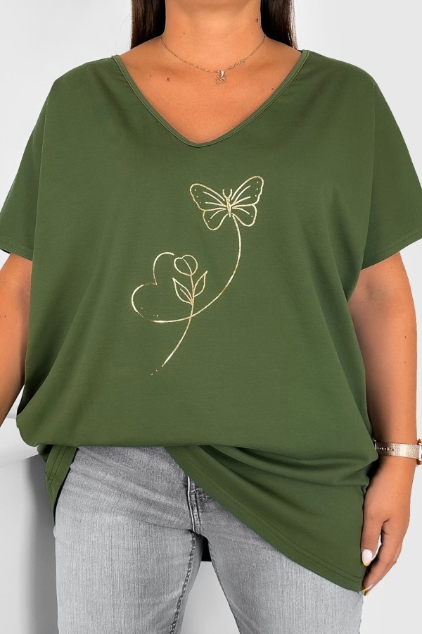 T-shirt damski plus size w kolorze khaki dekolt w serek V-neck złoty nadruk motylek Abba