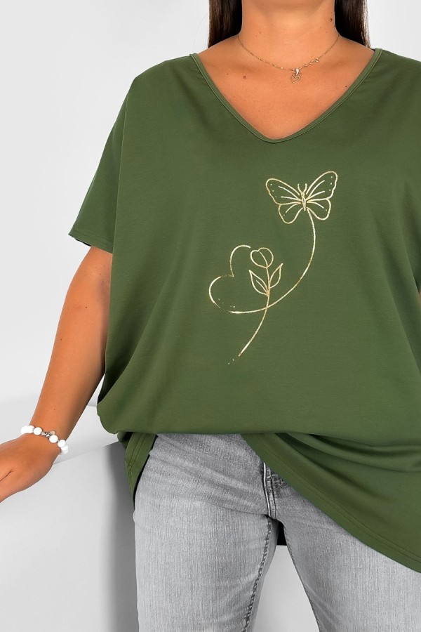 T-shirt damski plus size w kolorze khaki dekolt w serek V-neck złoty nadruk motylek Abba 1