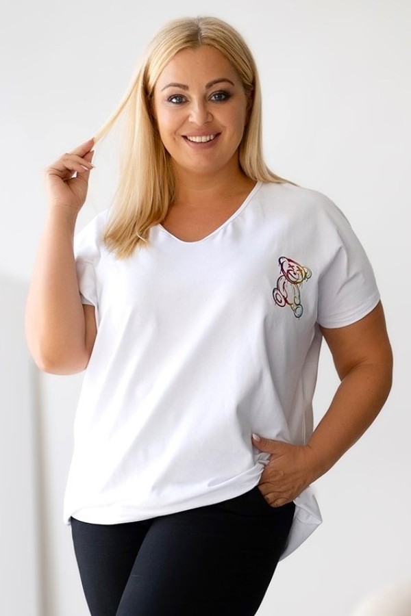 T-shirt damski plus size w kolorze białym dekolt w serek V-neck holo nadruk teddy miś Elif