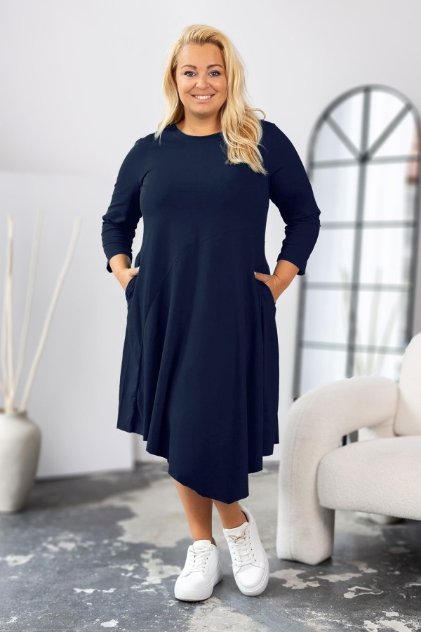 Sukienka plus size w kolorze granatowym z kieszeniami asymetryczny przód długi rękaw Shea