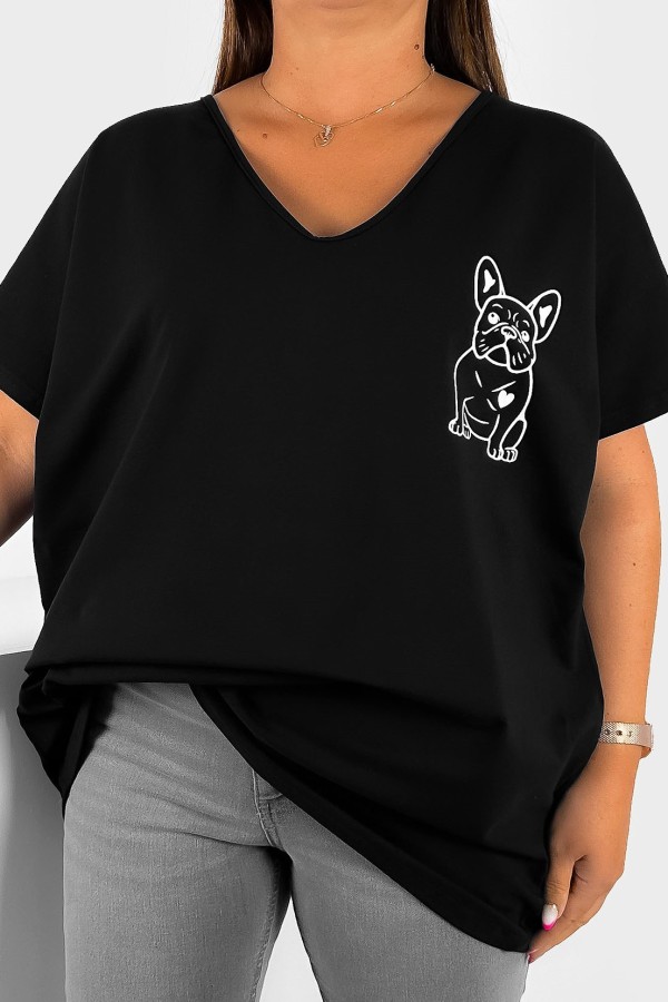 T-shirt damski plus size w kolorze czarnym dekolt w serek V-neck nadruk piesek dog BULDOG 2