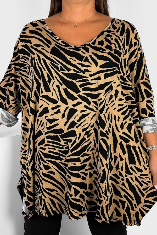 Tunika plus size rękaw 3/4 oversize rozcięcia wzór abstrakcyjne łatki MIRELLA