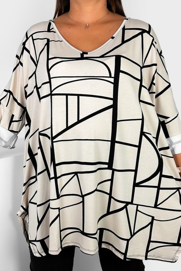 Tunika plus size rękaw 3/4 oversize rozcięcia wzór czarne linie MIRELLA