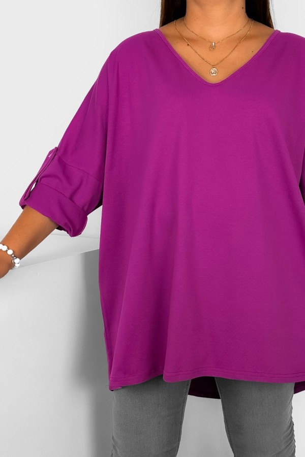 Tunika damska plus size w kolorze magenta oversize dekolt V podpinany rękaw dłuższy tył Mulan 1