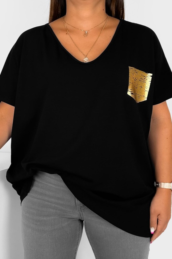 T-shirt damski plus size w kolorze czarnym złoty nadruk kieszeń pocket ROMEO 2