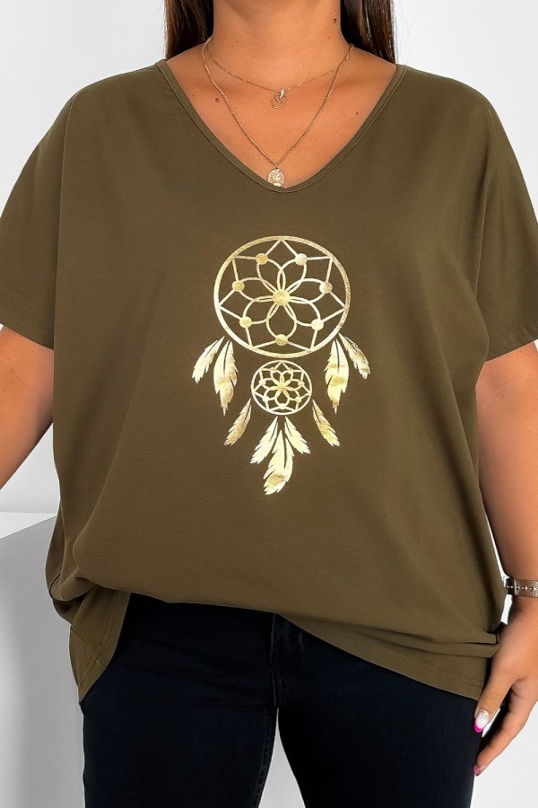 T-shirt damski plus size w kolorze khaki dekolt w serek V-neck złoty nadruk łapacz NERO