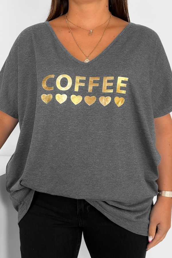 T-shirt damski plus size w kolorze grafitowy melanż złoty nadruk coffee serduszka DOMI 2