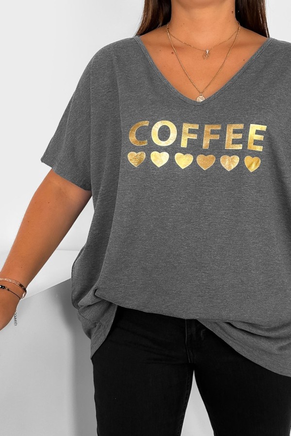 T-shirt damski plus size w kolorze grafitowy melanż złoty nadruk coffee serduszka DOMI 1