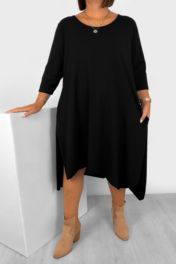 Asymetryczna sukienka plus size w kolorze czarnym rękaw 3/4 długie boki kieszenie Anett 1