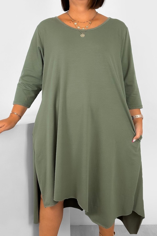 Asymetryczna sukienka plus size w kolorze khaki rękaw 3/4 długie boki kieszenie Anett