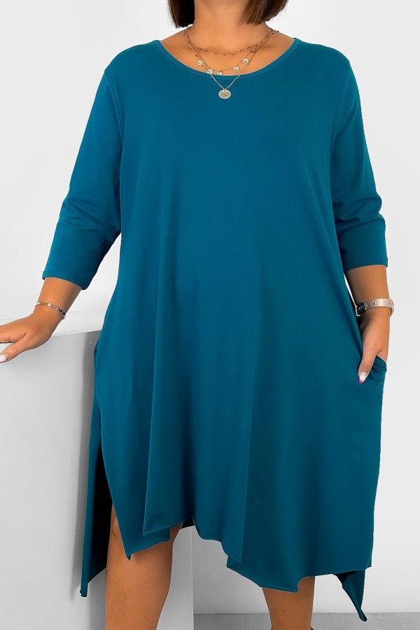 Asymetryczna sukienka plus size w kolorze morskim rękaw 3/4 długie boki kieszenie Anett 2